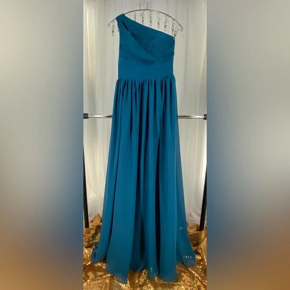 Elegant Side Split Teal Blue Bridesmaid Dresses One Shoulder wedding grad New